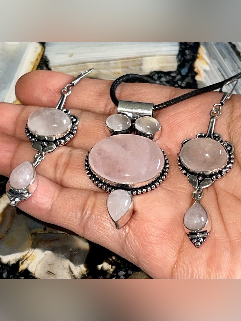 Pale Pink Rose Quartz “Stone of Pure Love” Pendant & Earrings Set